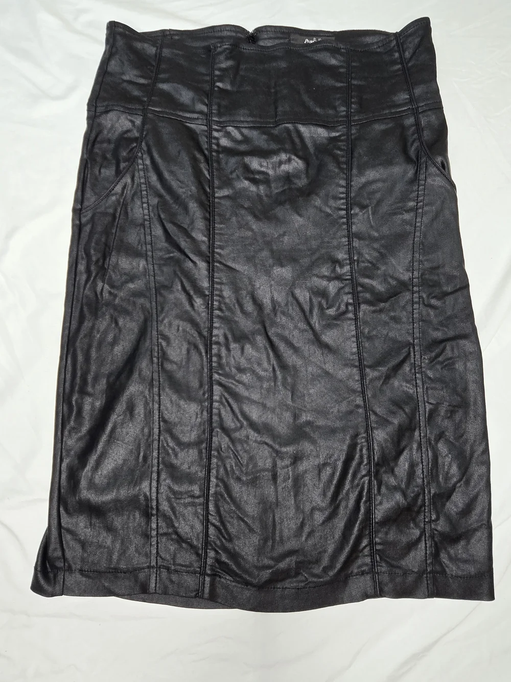 Papaya Womens L Black Faux Leather Pencil Midi Skirt High Waist Back Slit Y2K